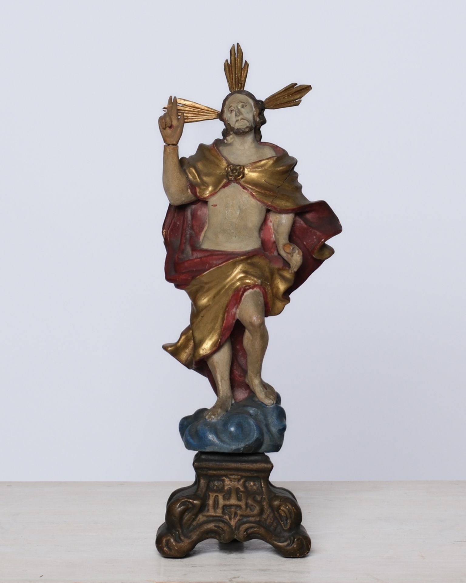 "Auferstehungschristus", süddeutsch 18. Jahrhundert, Holz, farbig, 30 cm hoch, Farbabplatzungen, Ri