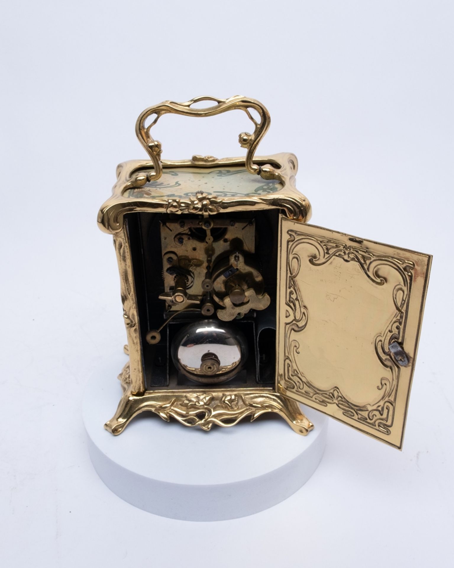 Wecker, Art Nouveau, Frankreich, um 1900, farbig bedrucktes Eisenblech, feuervergoldetes Messing un - Bild 3 aus 5