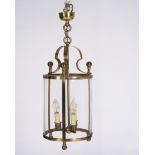 Hallenampel, 2. Hälfte 20. Jh., Messing, Glas, dreiflammig, elektrifiziert, ca. 65 cm hoch, ca. ø 2