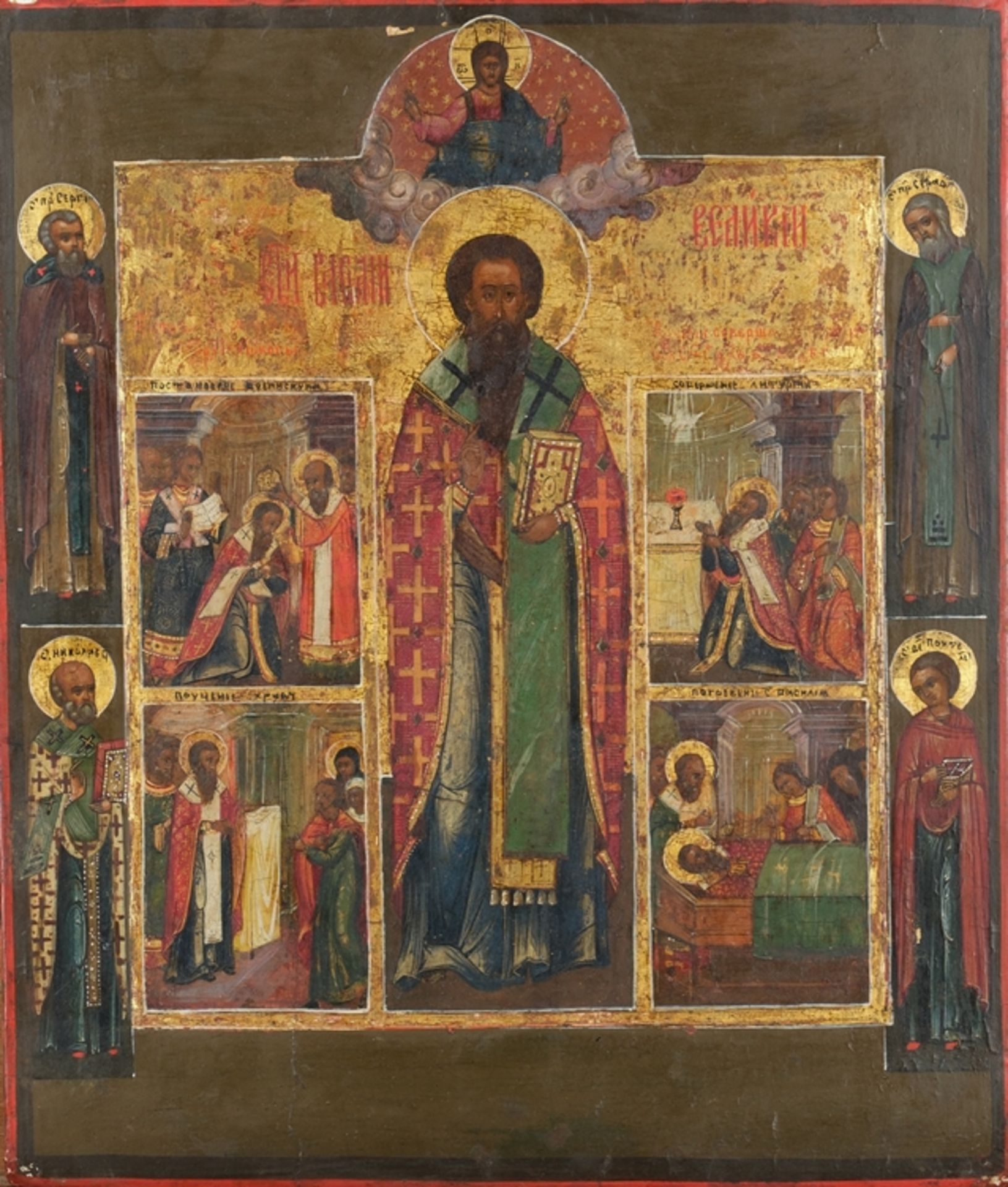 "Basilius der Große mit Lebens- und Wunderszenen", Ikone, Tempera auf Holz, Russland, 19. Jahrhunde