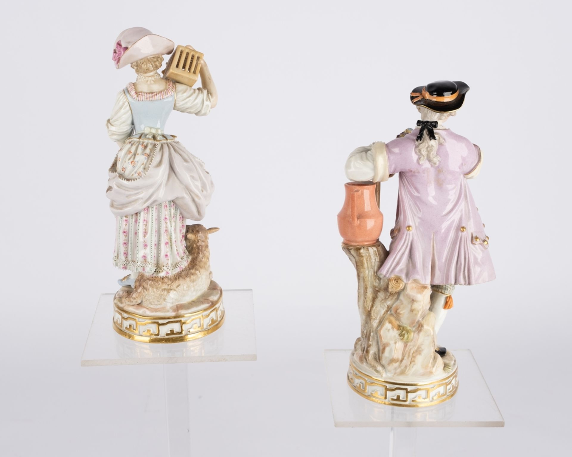 2 Porzellanfiguren, "Schäferin mit Lamm und Vogelbauer", "Gärtner mit Gießkanne", Meissen, Schwerte - Bild 3 aus 5