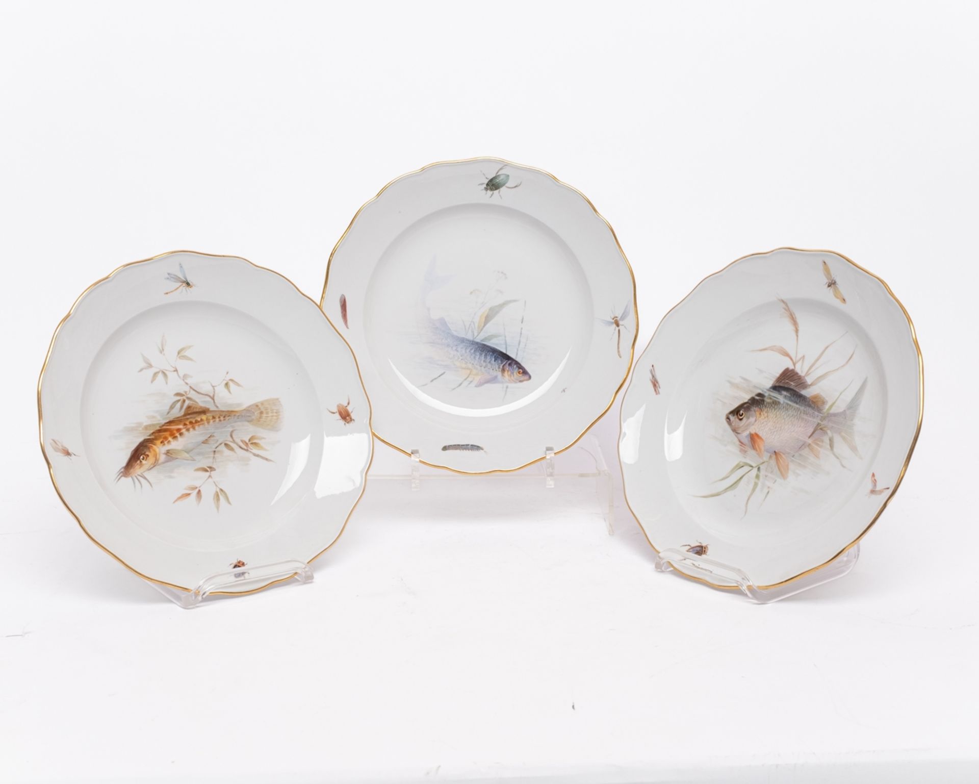 Fischservice, 16-tlg., Meissen, Schwertermarke, 1850-1924, 1. Wahl, Fischmalerei, bunt, Goldrand: 1 - Bild 8 aus 11
