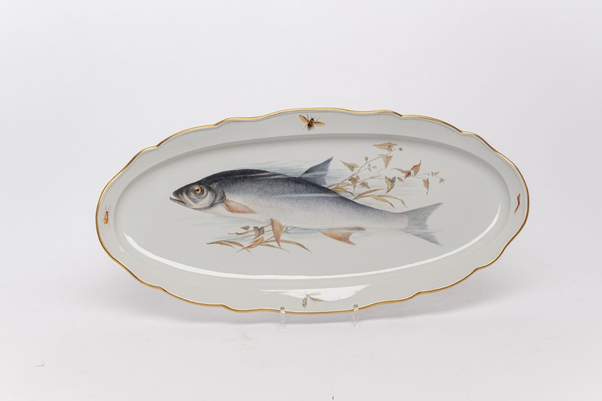 Fischservice, 16-tlg., Meissen, Schwertermarke, 1850-1924, 1. Wahl, Fischmalerei, bunt, Goldrand: 1 - Bild 2 aus 11
