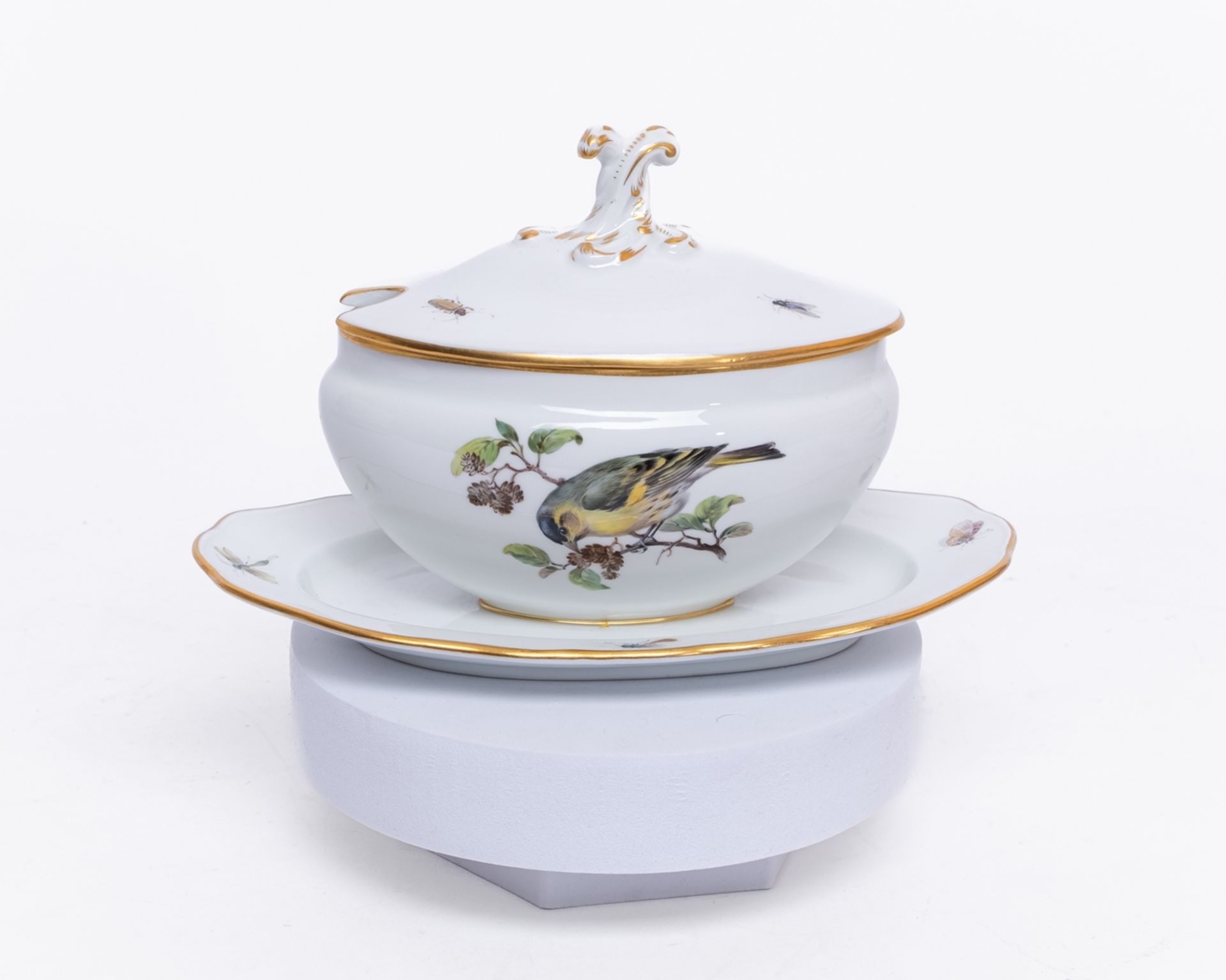 Speiseservice, 80-tlg., Meissen, Schwertermarke, 1. Wahl, Vogel- und Insektenmalerei, polychrom, Go - Bild 8 aus 17