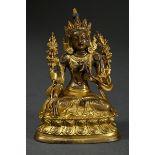 Kleine sinotibetische "Weiße Tara in Vajra Mudra", feuervergoldete Bronze mit schöner Patina, H. 10