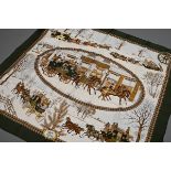 Hermès Seiden Carré "L'Hiver en Poste" in grün-beige, Entw.: Philippe Ledoux 1989, gerollter Rand,