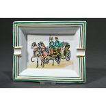 Hermès Aschenbecher mit Druckdekor "Kutsche" und Goldrand, sign., Boden mit Wildleder, 19x15,8cm