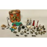 Various Britains lead animals and figures; petrol pumps; Meccano roller; Lesney, etc