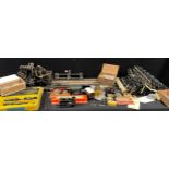 A Hornby O Gauge clockwork train set, boxed; a Meccano locomotive, tender and coaches; various