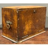 A late Victorian oak fall front stationery box, with pair of Gothic brass drop loop handles, the