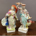 A pair of 18th century Derby figures of Jupiter and Juno, Jupiter holding thunderbolts, wearing