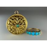 A tested 14ct-18ct gold graduated five stone cabochon turquoise ring and a Victorian tested 14ct-