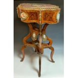 A French Louis XV Revival gilt metal and porcelain mounted kingwood and marquetry lobed quatrefoil