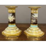 An early pair of 19th century Barr Flight and Barr dwarf candlesticks painted with landscape