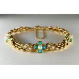 An Antique 15ct gold turquoise and seed pearl set bracelet, set with melee round cabochon