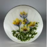 A George VI silver and enamel powder compact, the engine turned cover painted with buttercups on