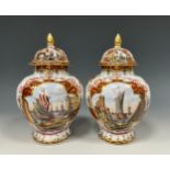 A pair of Dresden ginger jars, small baluster form domed cover, finely hand painted with coastal