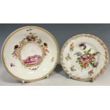 A German Ansbach Hague-decorated saucer, the central cherub adorned, floral garlanded oval cartouche