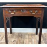 A George III yew side table, rectangular oversailing top above a long frieze drawer, pierced Gothick