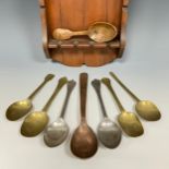 A collection of 17th to 19th century spoons including small treen spoon, deep rounded shallow