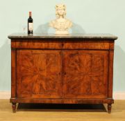 An early 19th century North Italian/German yew side cabinet, marble top above a long frieze drawer
