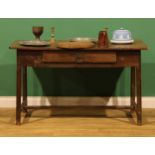 A 19th century French provincial vernacular side table, rectangular planked top above a single