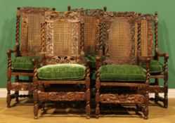 A harlequin suite of five Charles II Revival armchairs, the tallest 120.5cm high, 60cm wide, the