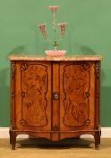 A Louis XV Revival gilt metal mounted marquetry double-serpentine side cabinet, marble top above a