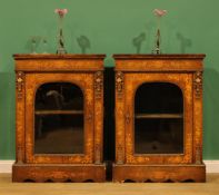 A pair of Victorian gilt metal mounted walnut and marquetry pier display cabinets, each with a
