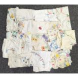 Textiles - Hand embroidered linen table cloths including Fairistytch, Crinoline Lady, country garde