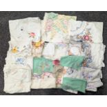 Textiles - Hand embroidered linen table clothes including Fairistitch, Crinoline Lady, country