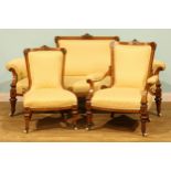 A Victorian parcel-ebonised burr-banded walnut and marquetry salon suite, comprising sofa, 92cm
