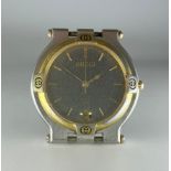 Gucci - a 9000 stainless steel watch head, grey stone dial, baton indices, date aperture, gold