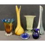 A Murano style "Splash" type glass vase in ombré blue and amber, 25cm; a tall frosted green glass