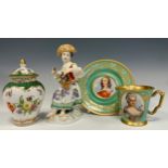 An early 20th Century Meissen figure, ‘flower girl’, on a raised Rococo base, underglaze blue