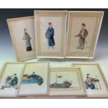 A group of seven Chinese Pith Paper Paintings, Qing Dynasty, 19th century, with figurative