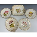 Five 19th century porcelain cabinet plates, well painted with flowers, ‘Rosa Mundi, Iris