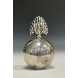 A George V silver novelty cigar lighter, of military interest as a flaming grenade, 8.5cm high,