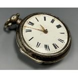 A George IV silver pair cased verge pocket watch, enamel dial, Roman numerals, the fusee movement