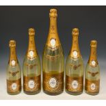 Louis Roederer Cristal, a graduated set of five display or dummy Champagne bottles, graduating