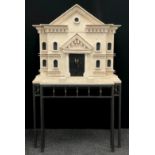 20th Century Design - an American travertine mounted architectural drinks cabinet on stand