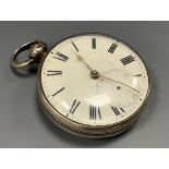 A George IV silver cased verge pocket watch, enamel dial, Roman numerals, subsidiary seconds dial,