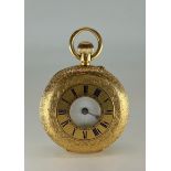 A Victorian 18ct gold cased half hunter pocket watch, intricate floral case, white dial, Roman
