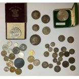 Coins - a George II (1727‑1760) silver shilling 1745, LIMA; a George IIII silver coin 1821; a