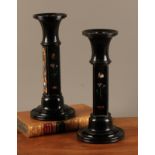 A pair of large 19th Derbyshire Ashford marble candlesticks, inlaid with panels of Blue John,