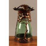 An Art Nouveau copper hall lantern, the frame cast with stylised sinuous trees, green glass shade,