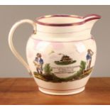 A 19th century Sunderland lustre jug, probably Samuel Moore & Co., transfer printed with a warship