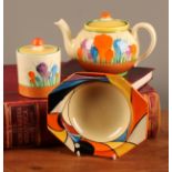A Clarice Cliff Bizarre Crocus pattern teapot, 10cm, printed Newport Pottery mark in black; a Crocus