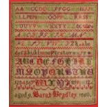 A Victorian needlework sampler, by Sarah Bradley, Aged 9, 1860, worked in coloured wools with