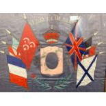 WW1 British Sweetheart Needlework Panel "Victory to the Allies". Silk embroidery of Allied Flags